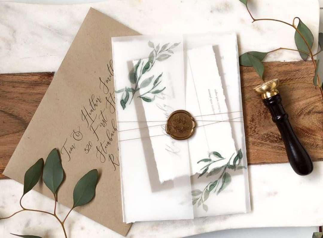 Greenery Vellum Jackets and Wax Seal Wedding Invitation Embellishments —  E-Three Design Studio