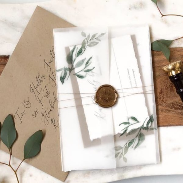 Grünes Pergament-Hochzeits-Einladungs-Set mit Wachs-Siegel Rustikaler Eukalyptus Botanischer Hochzeitseinladung Pergament-Jacken-Hochzeits-Einladung
