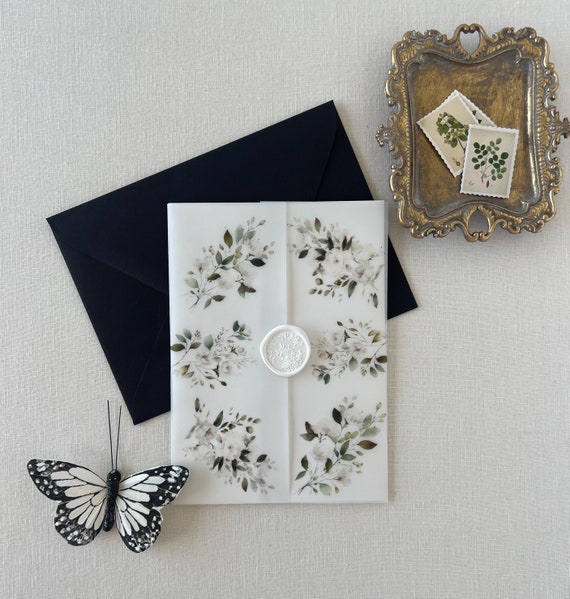White Floral Vellum Wrap Jacket for DIY Wedding Invitation