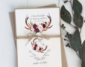 Boho Antler Wedding Invitation, Rustic Wedding Invitation, Floral Antlers, Marsala Floral, Floral Wedding Invitation, boho, bohemian