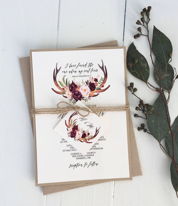 Boho Antler Wedding Invitation Rustic Wedding Invitation