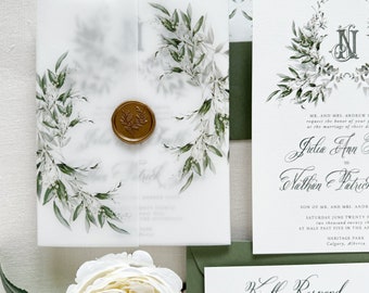 Greenery Vellum Wedding Invitation Set Monogram Wedding Invitations Elegant Wedding Invitation Suite with Crest Printed Wedding Invites