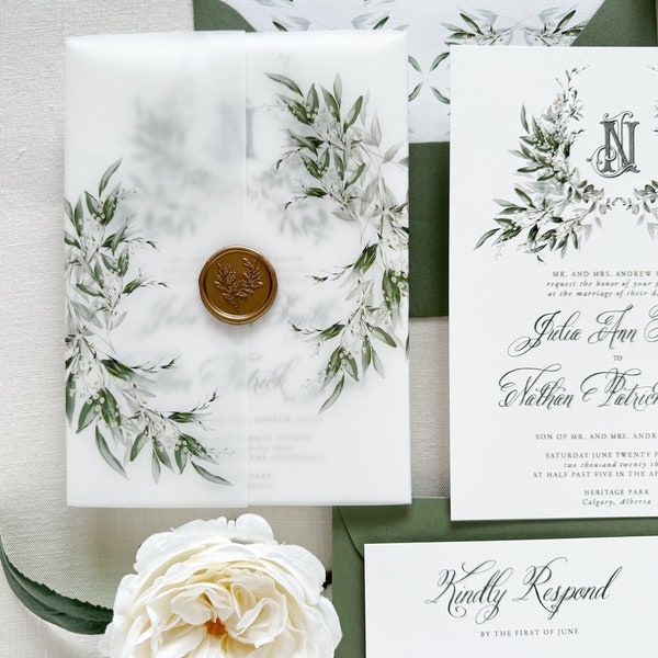 Greenery Vellum Wedding Invitation Set Monogram Wedding Invitations Elegant Wedding Invitation Suite with Crest Printed Wedding Invites