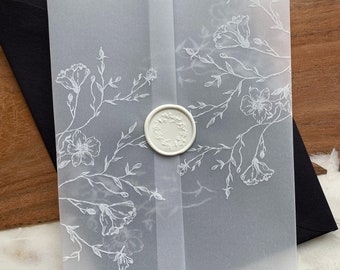 White ink print white translucent English botanical garden floral printed vellum wrap vellum jacket for 5x7 invitations with Wax seal Diy