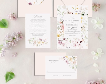 Boho Blush Botanical Wedding Invitation Set, Floral Wedding Invitation, Elegant Wedding Invitations, Watercolor Wedding Invitation Suite