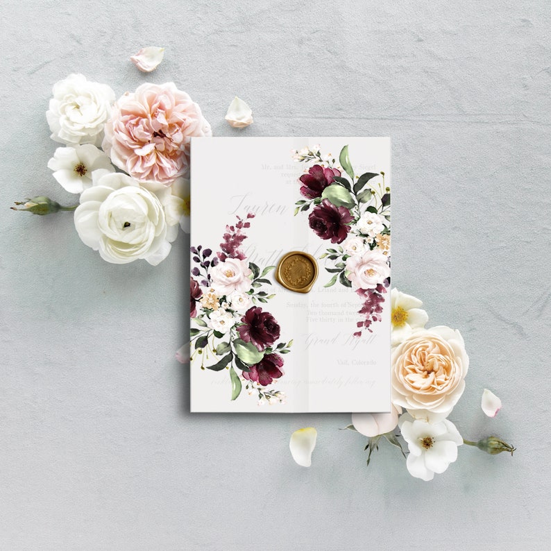 DIY Wedding Envelope Liner and Wrap, Wedding Invitation Jacket, Printable Envelope Liners, Printable Vellum, Burgundy Blush Floral Wedding 画像 2