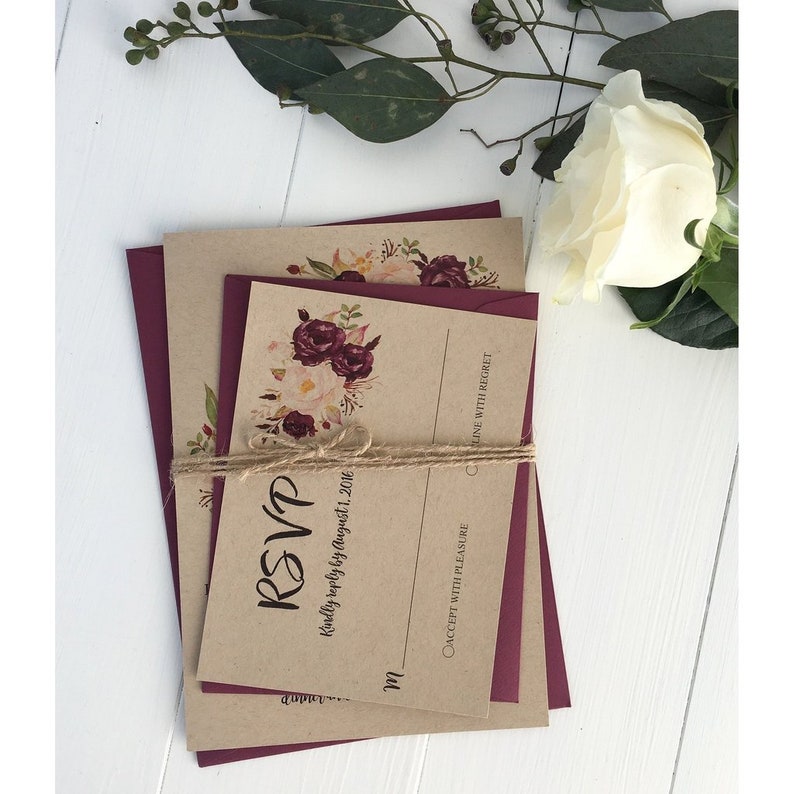 Burgundy and Blush Roses Rustic Floral Wedding Invitation Marsala Wedding Invitation Bohemian Wedding