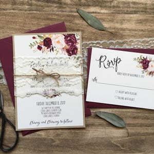 Suite dinvitation de mariage florale avec dentelle, invitation de mariage Boho, invitation de mariage rustique, suite dinvitation printemps été, Marsala image 3