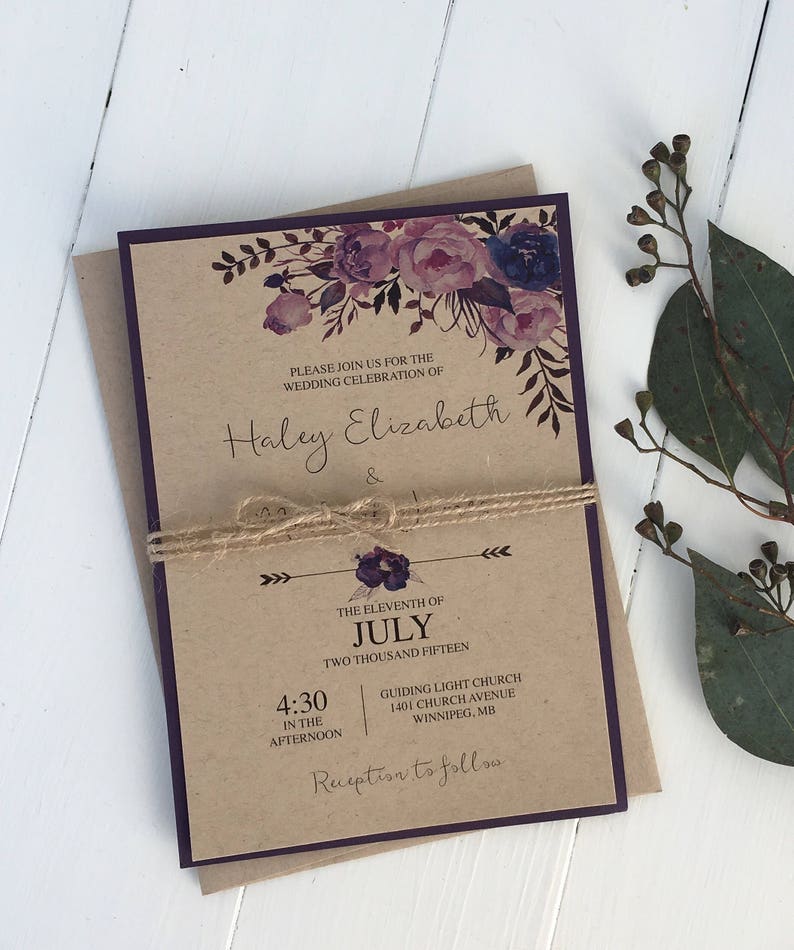 Rustic Purple Floral Wedding Invitation Bohemian Wedding Etsy