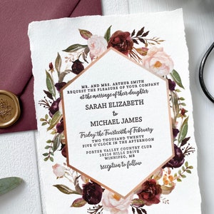 Marsala Floral Letterpress Wedding Invitation Set for Bohemian Wedding image 7