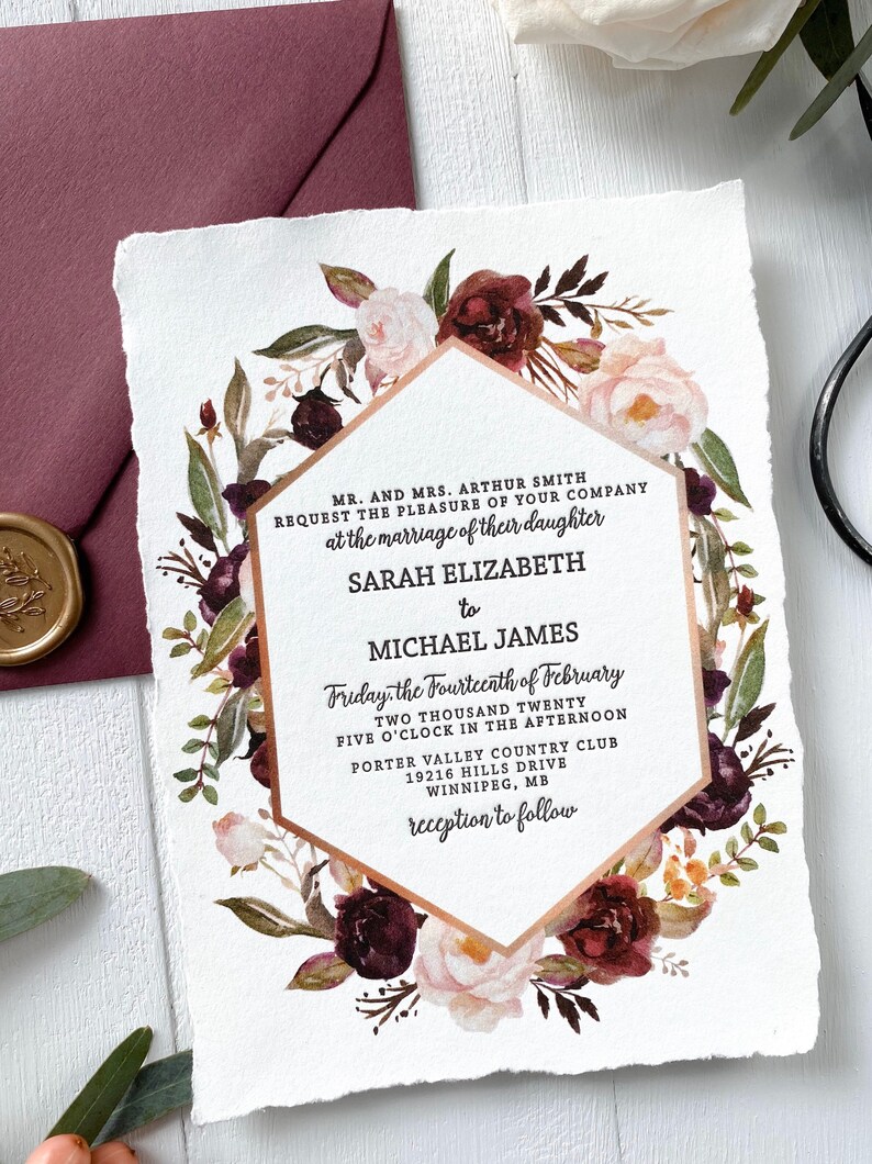 Marsala Floral Letterpress Wedding Invitation Set for Bohemian Wedding image 7