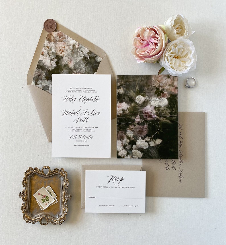 Rustic Vintage Floral Wedding Invitation set with twine, and vellum wrap, Rustic flowers, wedding invites, Luxury Invitations image 4