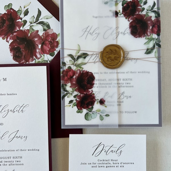 Burgundy Wedding Invitation Boho Floral Botanical Invitation Suite Vellum Invitation Rustic Greenery Romantic Invite Garden Fall Wedding