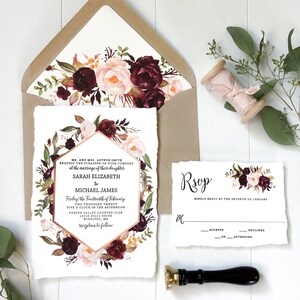 Marsala Floral Letterpress Wedding Invitation Set for Bohemian Wedding image 2