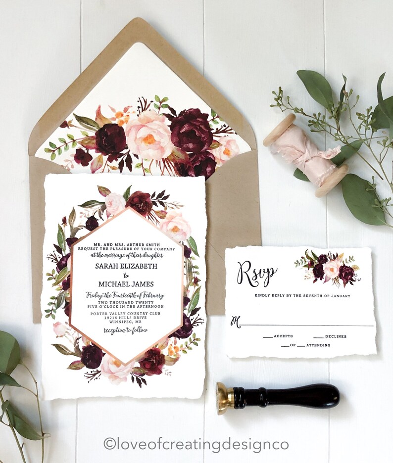 Marsala Floral Letterpress Wedding Invitation Set for Bohemian Wedding image 2