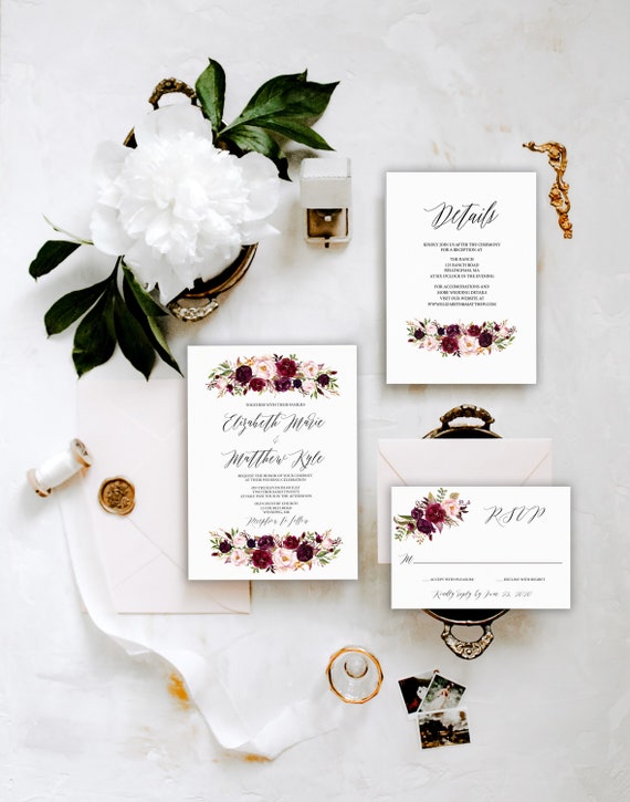 Marsala Floral Wedding Invitation PRINTABLE Fall Wedding | Etsy