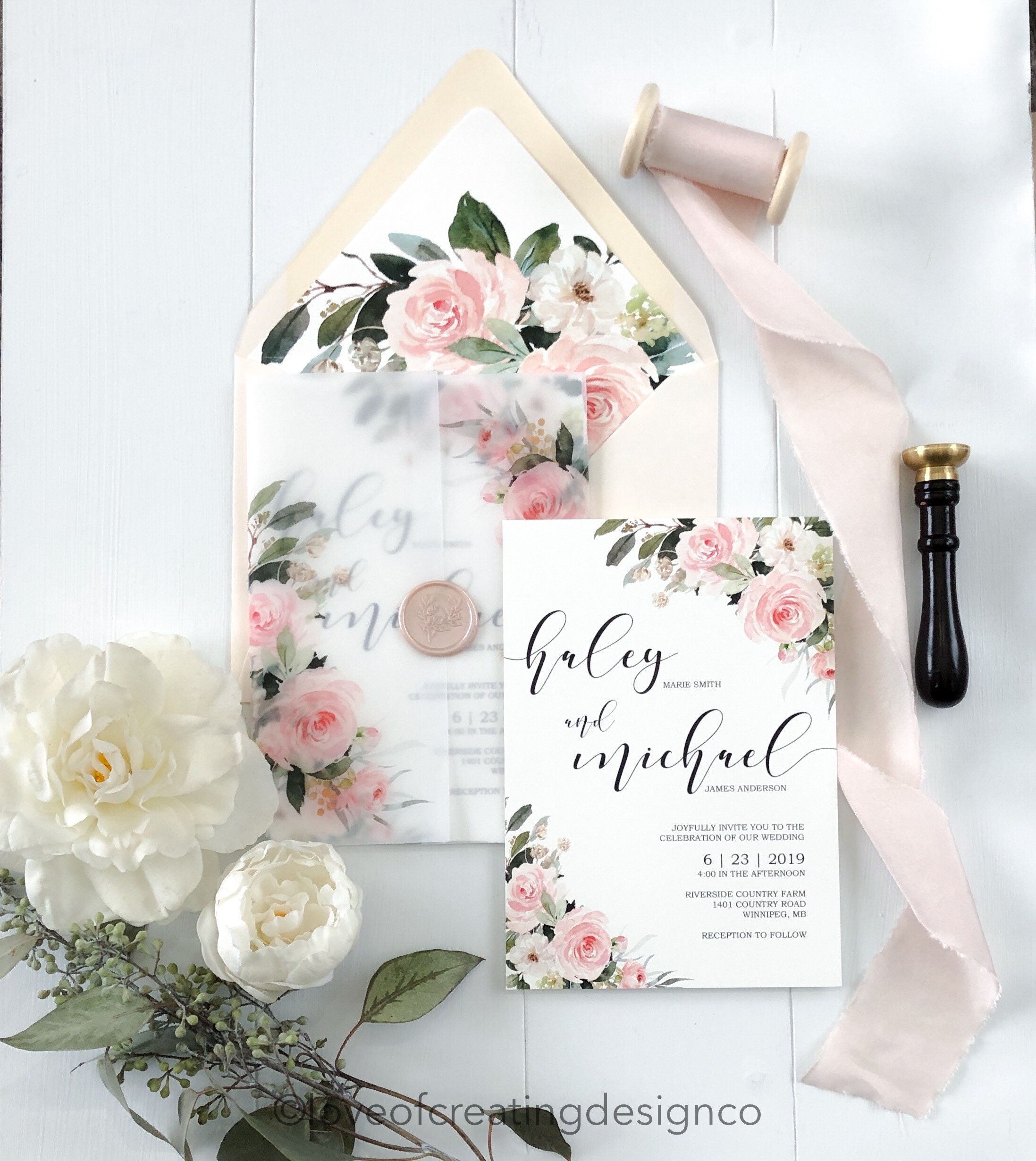 Blush Pink Floral Vellum Paper Pocket Wholesale Wedding Invitation WPV0005