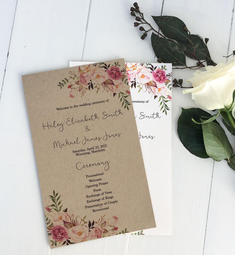 Rustic Wedding Program Floral Wedding Program Kraft Wedding Etsy