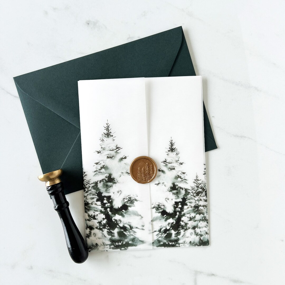 Christmas Vellum Wrap DIY 5x7 Invite Jacket Winter Snowy Pine Trees