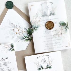 Wedding Invitation with Eucalyptus Greenery, Boho greenery Wedding invitation, Rustic Wedding Invitation Suite with Wax Seal, Vellum Wrap image 1