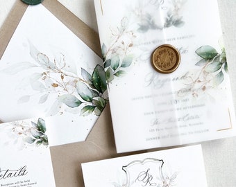 Wedding Invitation with Eucalyptus Greenery, Boho greenery Wedding invitation, Rustic Wedding Invitation Suite with Wax Seal, Vellum Wrap
