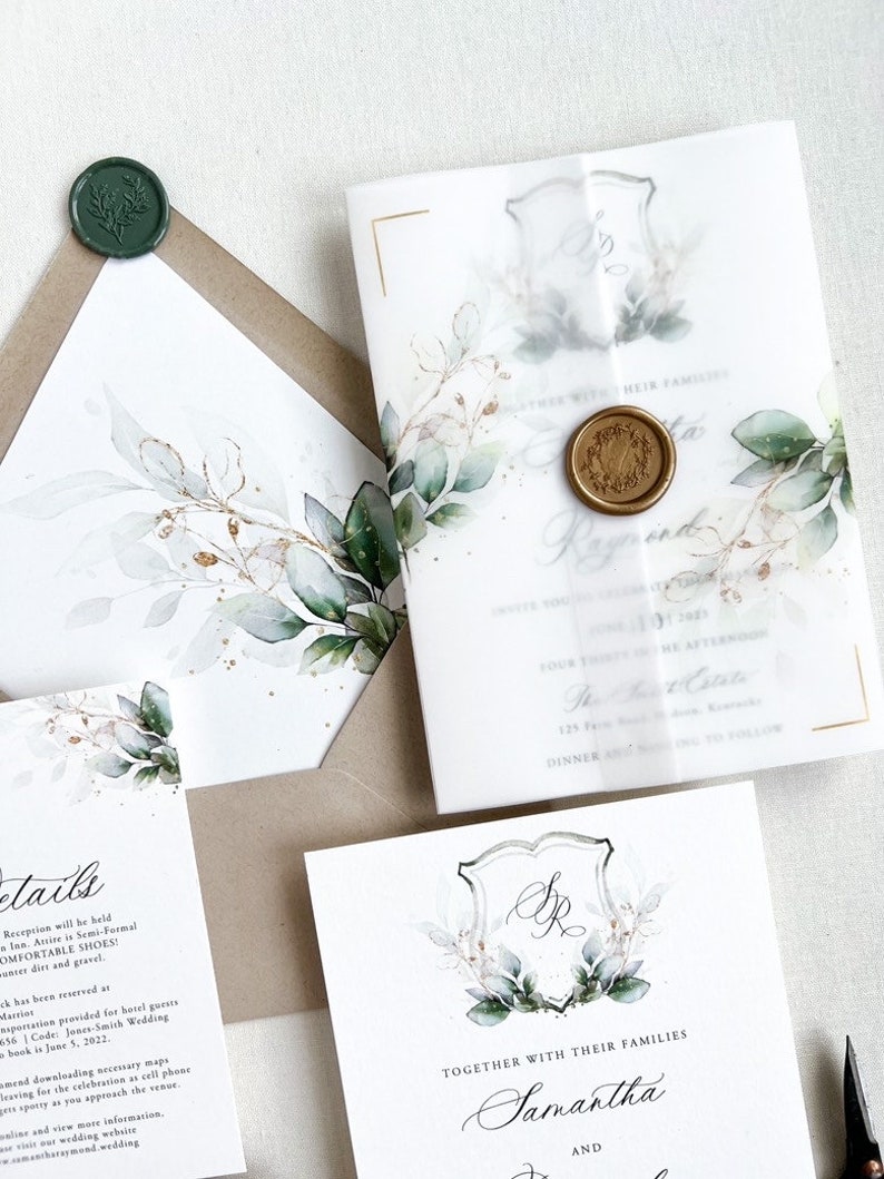 Wedding Invitation with Eucalyptus Greenery, Boho greenery Wedding invitation, Rustic Wedding Invitation Suite with Wax Seal, Vellum Wrap image 1
