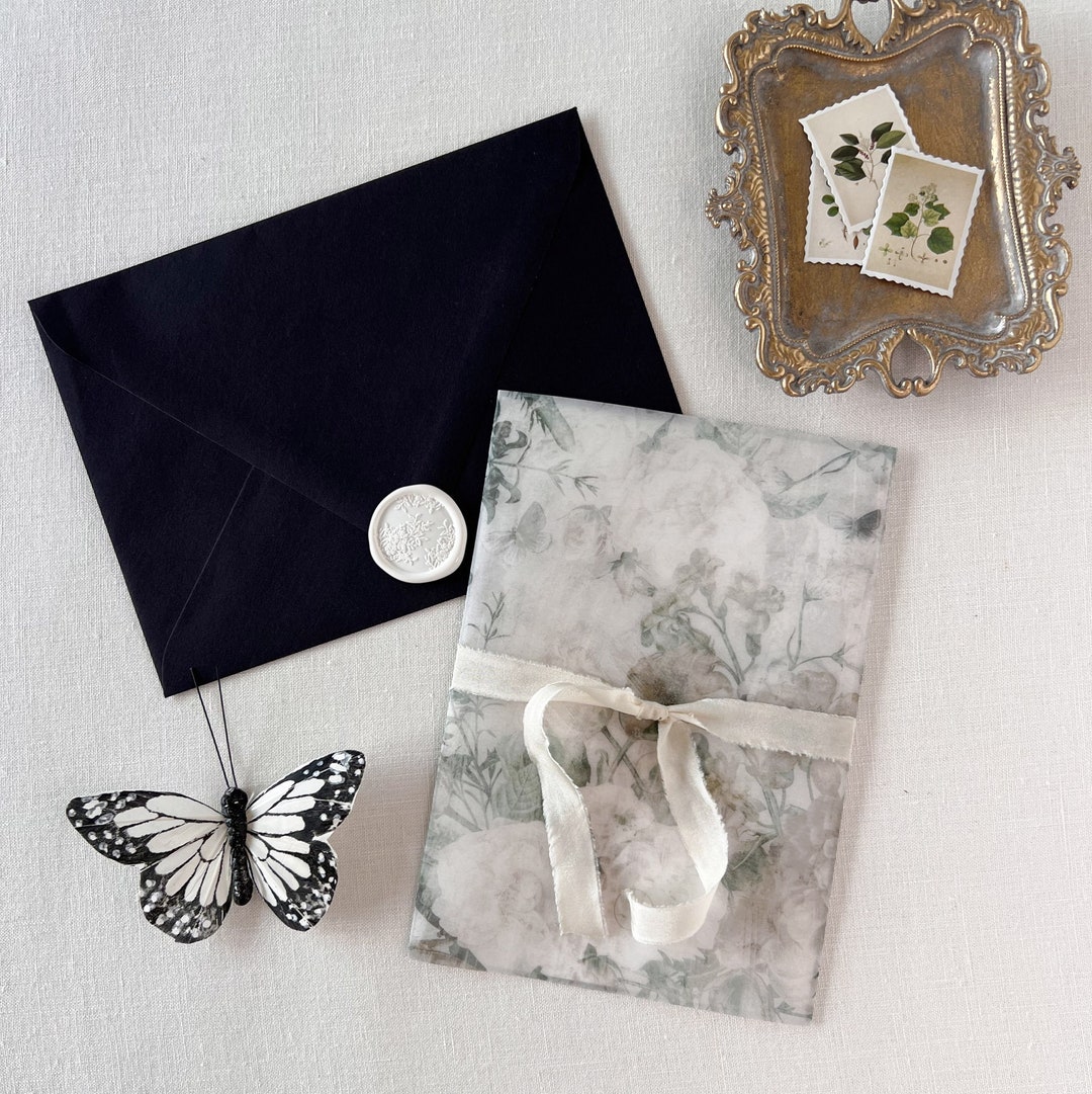 Vellum Jacket, Vellum Invitation Wrap, 5x7 Vellum Wedding Invitation, Vintage Floral Vellum