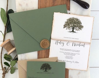Rustic Tree Wedding Invitation set Oak Tree Wedding Invitation with Deckled Edges Wedding Invite Vintage Tree Woodland Wedding Invitation