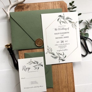 Rustic Greenery and Gold Wedding Invitation Set, Botanical Invitation, Green Wedding image 3