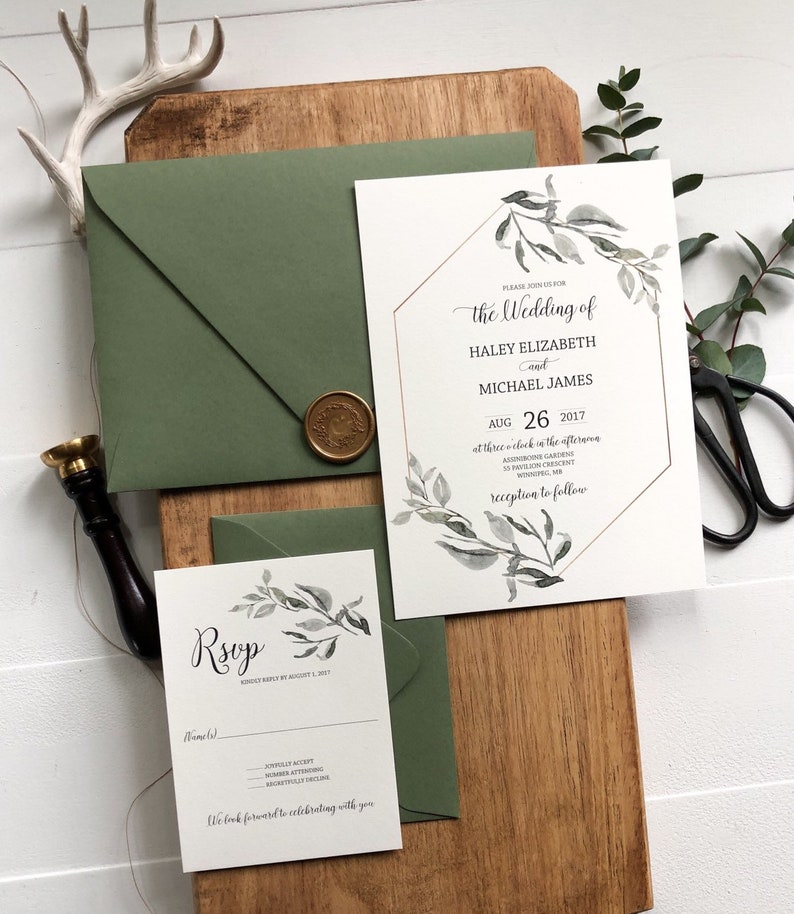 Rustic Greenery and Gold Wedding Invitation Set, Botanical Invitation, Green Wedding image 3