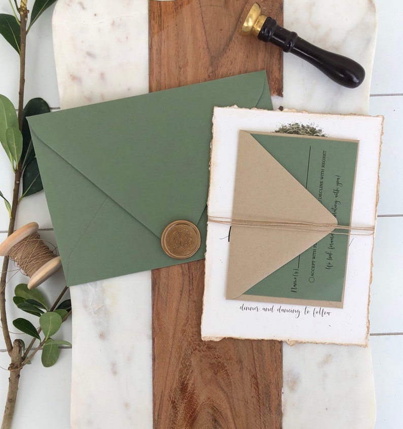 Rustic Wedding Invitation Deckled Edge Invitation Green | Etsy