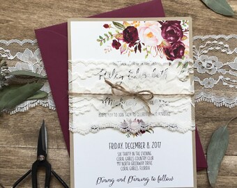 Floral Wedding Invitation Suite with lace, Boho Wedding Invite, Rustic Wedding Invitation, Invitation Suite Spring Summer, Marsala