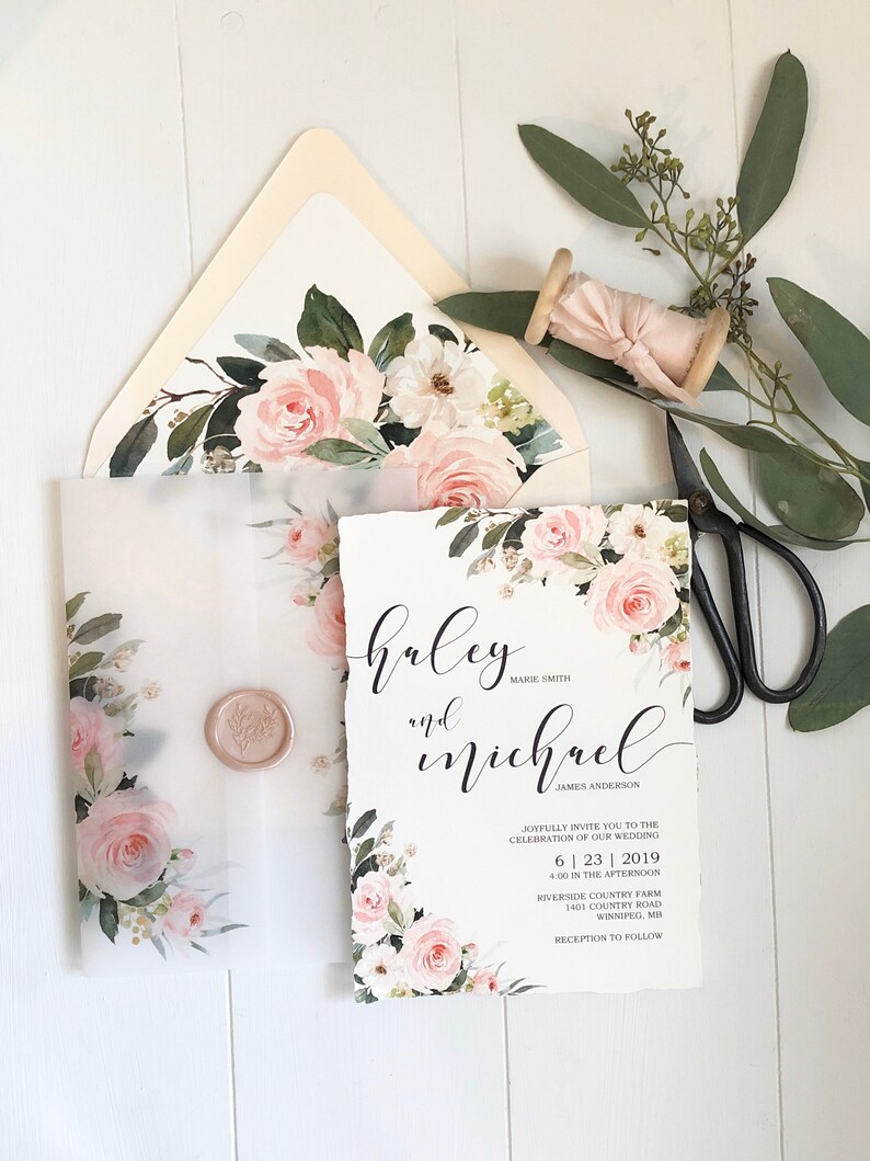 Vellum Wrap Wedding Invitation Set With Wax Seal Blush Floral Etsy Canada