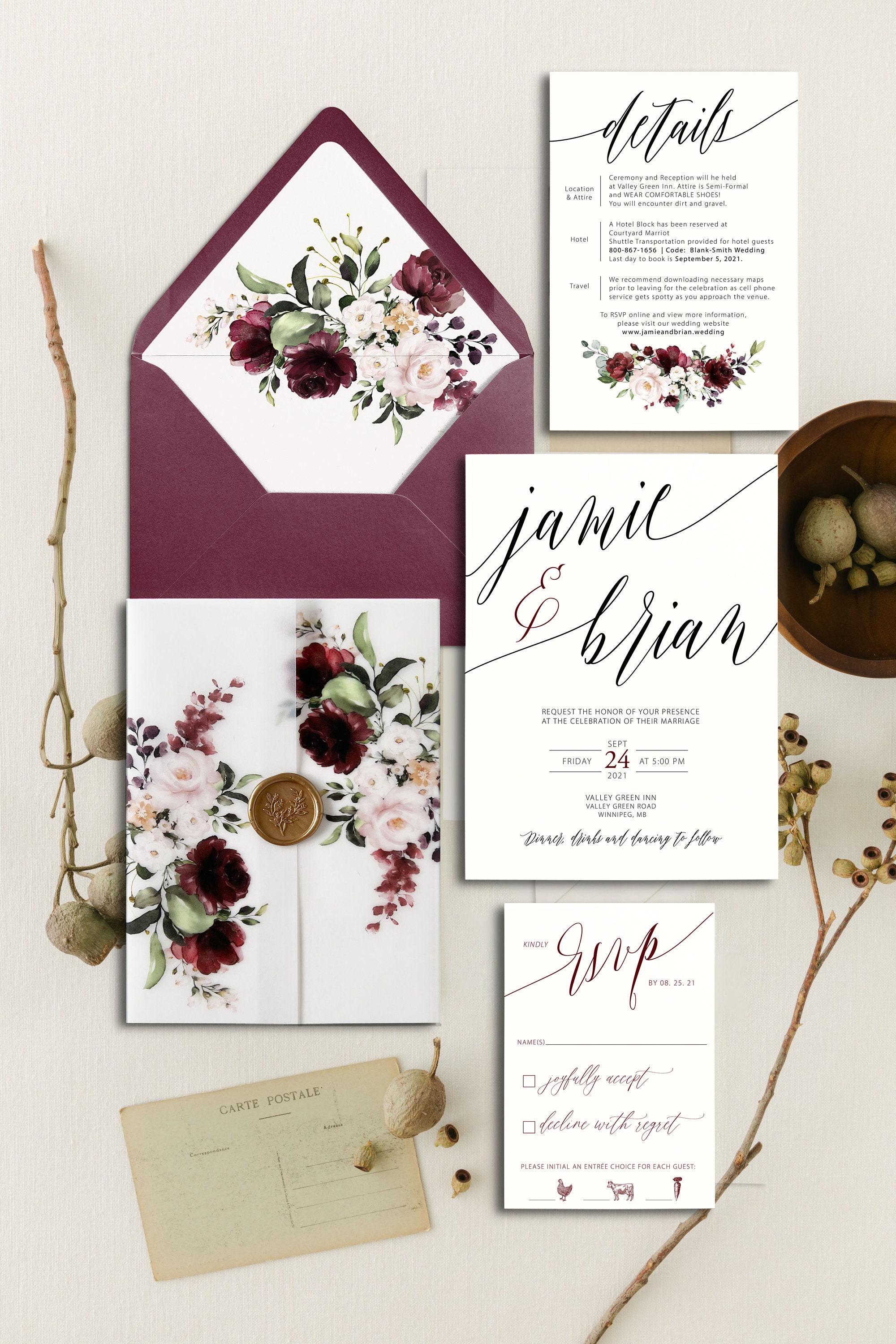 Burgundy Vellum Wrap Wedding Invitation Suite Printable Elegant Blush Pink  and Burgundy Floral Customizable Invitation Boho Romantic Invite 