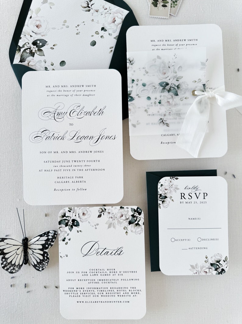 Elegant Wedding Invitation Suite White Floral Watercolor White Roses and Hydrangea Floral Invite Wedding Invitation Set Romantic Wedding image 5