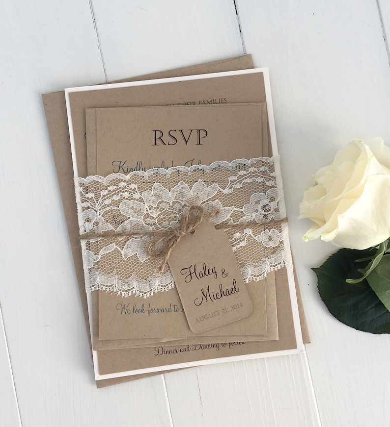 Rustic Lace Wedding Invitation, Vintage Wedding Invitation, Elegant Wedding Invitation, Lace Wedding Invite, Barn Wedding, Country Wedding image 1