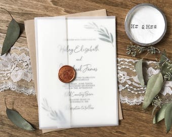 Vellum Wedding Invitation, Translucent Wedding Invitation, Greenery Invitation, Watercolor Greenery Invite, Wax sealed invitation, Copper