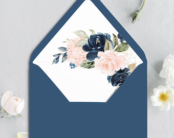 DIY Wedding Invitation Envelope Liner, Printable Envelope Liner, Navy, Blue and Blush Floral Wedding Invitation Envelope Liner, Boho Wedding