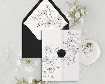 PRINTABLE Classic Black Botanical Wedding Invitations Vellum, Elegant Floral Wedding Invitation Botanical Vellum wrap, Instant download