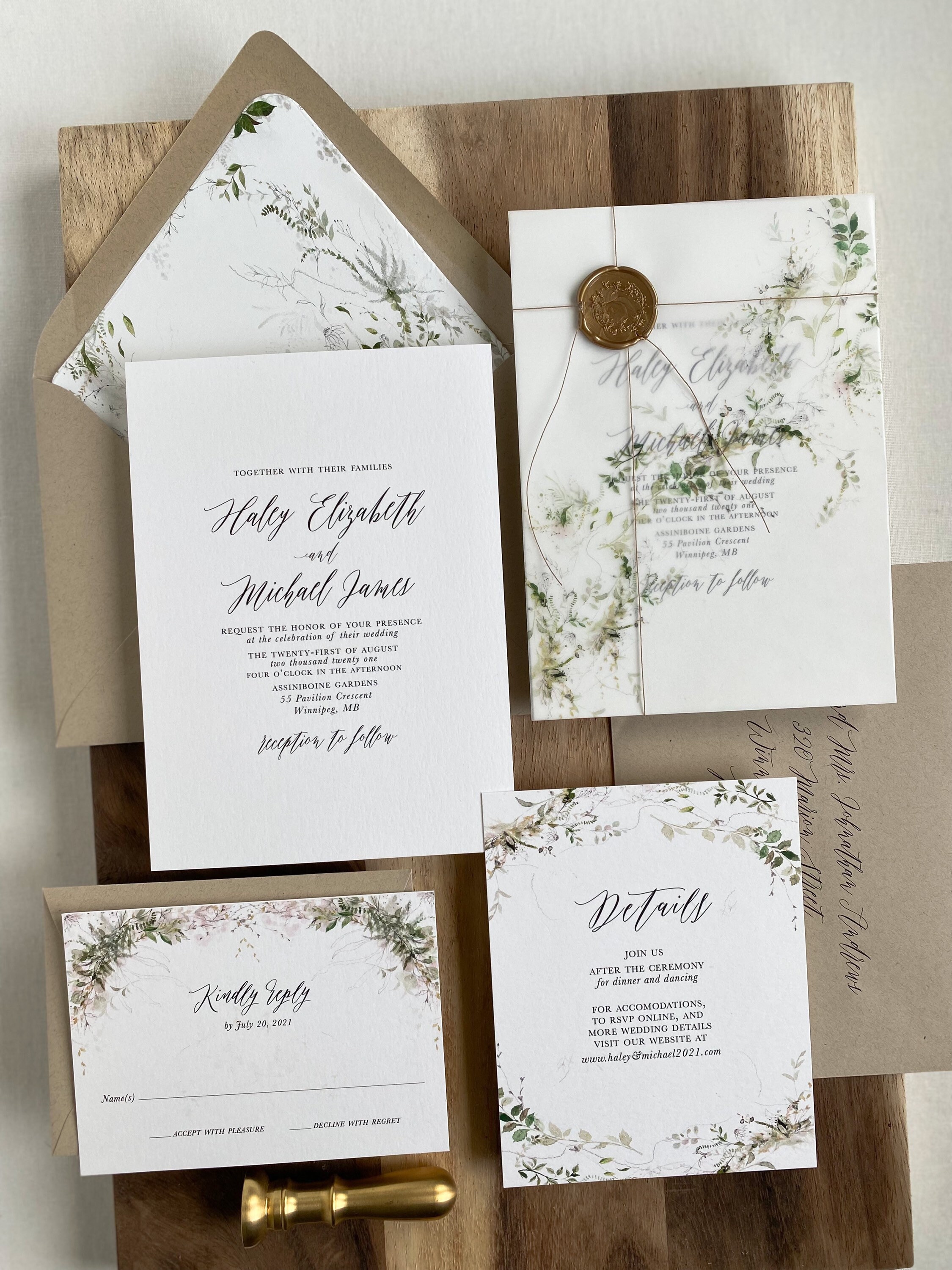 Greenery and Gold Vellum Wrap Jacket for DIY Wedding Invitation - Cotton  Willow Design Co.