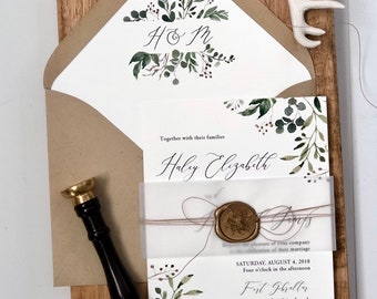 Greenery and Gold Wedding Invitation with Vellum Belly Band, Wax Seal, Rustic Wedding Invitation, Botanical Garden Wedding Invitation