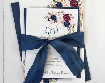 Navy and Marsala Floral Wedding Invitation Set, Blue, Burgundy, Blush Wedding Invitation Suite,