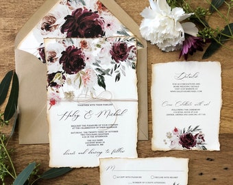 Vintage Deckled Edge Wedding Invitations, Boho Burgundy and Blush Floral Wedding Invitation, Rustic Wedding, Boho Wedding Invite