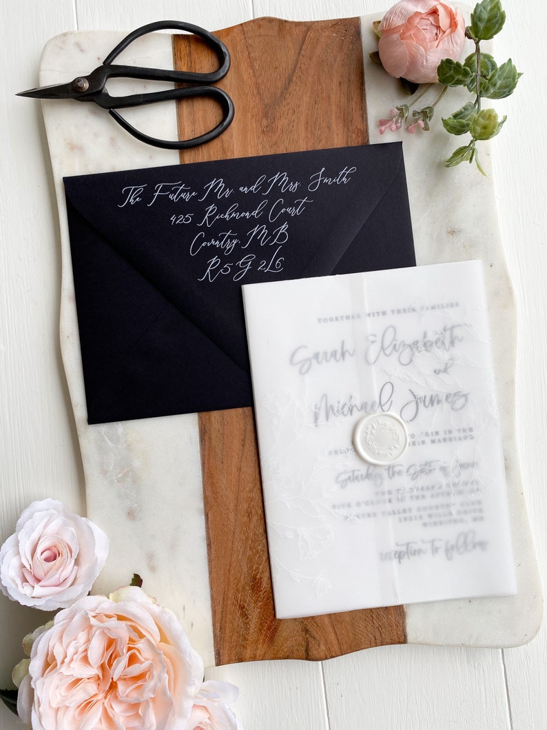 Vellum White Floral Modern Wedding Invitation Set, White Ink, letterpress Wedding Invitation, Luxury Wedding Invitation, Classic Wedding image 4