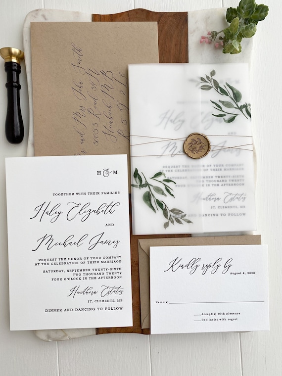 Greenery and Gold Vellum Wrap Jacket for DIY Wedding Invitation - Cotton  Willow Design Co.