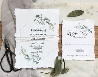 Rustic Greenery Wedding Invitation, Deckled Edge Invitation, Handmade Invitation