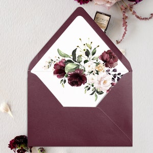 DIY Wedding Envelope Liner and Wrap, Wedding Invitation Jacket, Printable Envelope Liners, Printable Vellum, Burgundy Blush Floral Wedding 画像 3
