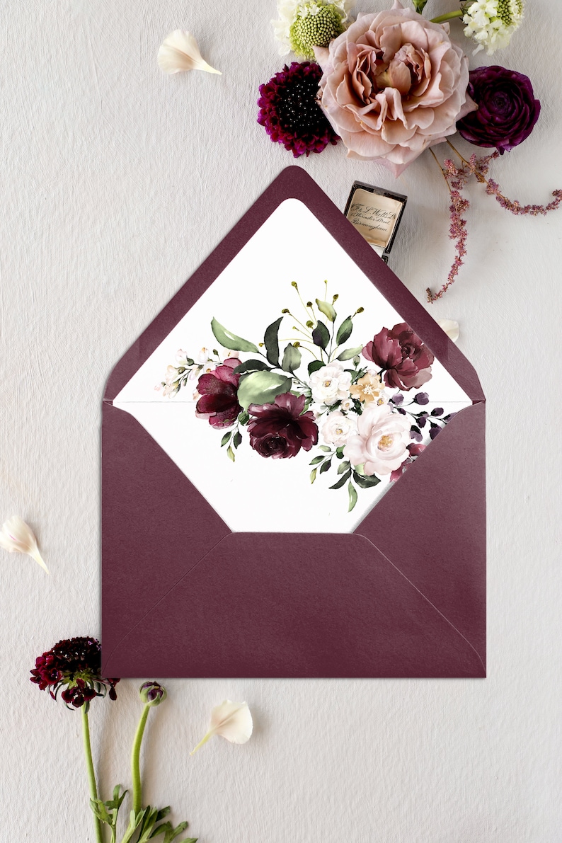 DIY Wedding Envelope Liner and Wrap, Wedding Invitation Jacket, Printable Envelope Liners, Printable Vellum, Burgundy Blush Floral Wedding image 3