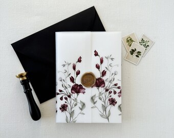 Vellum Invitation Wrap for 5x7 Invitations Vellum Jacket Burgundy Floral Vellum Jacket Wrap Floral Vellum Wrap for DIY Invitation Set