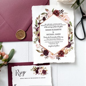 Marsala Floral Letterpress Wedding Invitation Set for Bohemian Wedding image 6